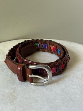 Fossil Brown Multi Color Inlay Braided Leather Belt Size L Southwestern Boho